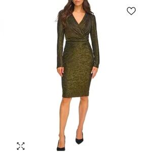 NWT Calvin Klein Black Gold Metallic Faux-Wrap Dress